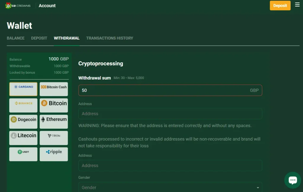 50 Crowns Withdrawal